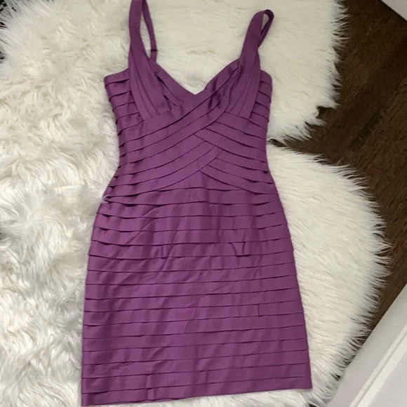 bcbg purple bandage dress BCBGMaxAzria Silk Blouson Bandage Dress Purple Black Bodycon Stretch Womens XS